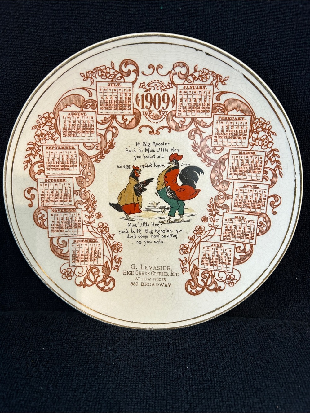 1909 Calendar Plate with Rooster and Hen Rhyme and Illustration